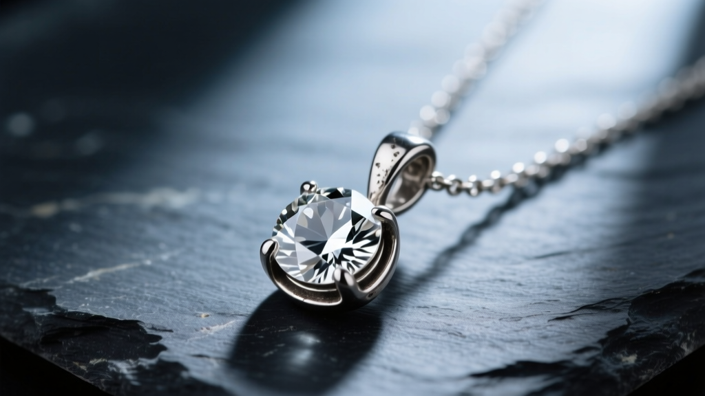 Macro shot of a tarnished sterling silver diamond pendant necklace on dark slate, showing grey oxidation and a cloudy diamond