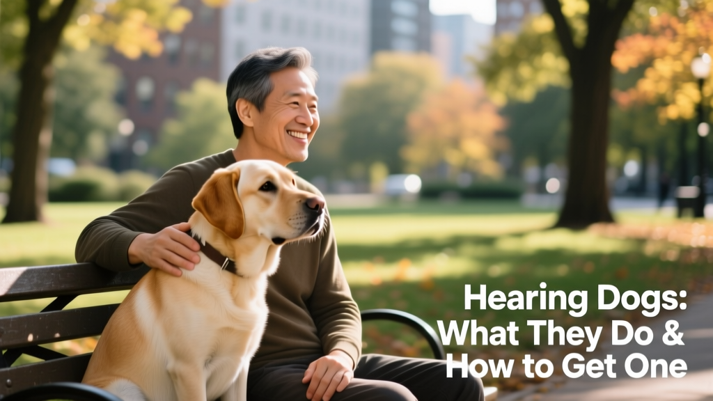 A smiling adult sitting beside their hearing dog on a park bench, both relaxed and connected