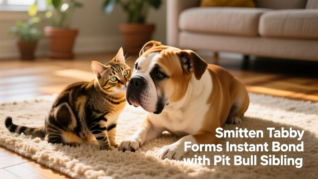 Motor the tabby cat gently nuzzling Lottie the American bulldog on a sunlit rug