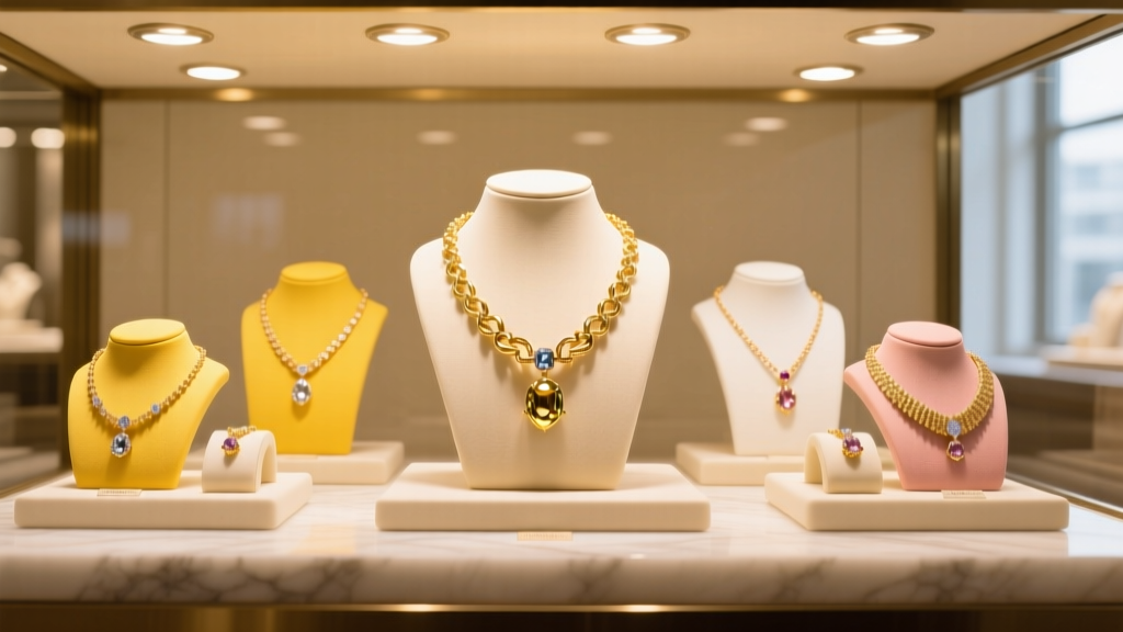Brightly lit gold jewelry emporium display case showcasing yellow, white, and rose gold necklaces under warm retail spotlights.