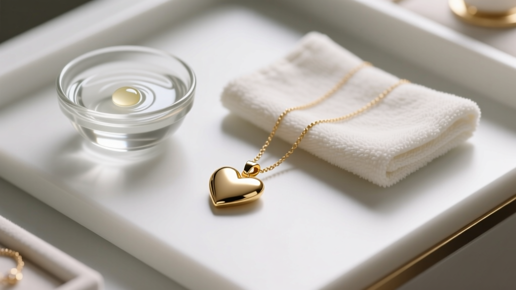 Overhead view of jewelry cleaning station with soft microfiber cloth, mild soap, and lukewarm water beside a gold heart pendant.