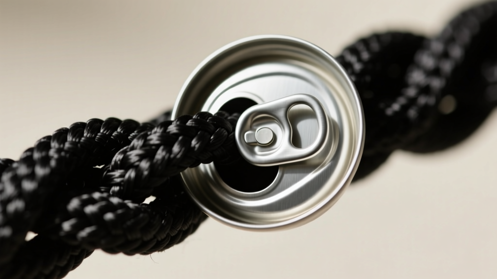 Macro shot of woven black paracord intertwining through silver aluminum soda tabs, highlighting metallic texture and sharp edges.