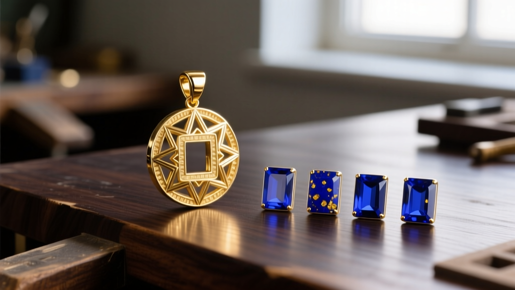 Raw 18k gold Atlantis pendant chassis next to cut rectangular cabochons of Afghan lapis lazuli on a dark jeweler workbench desk.