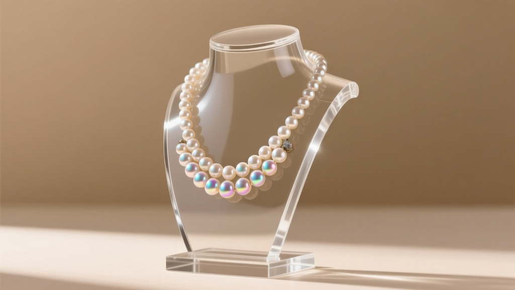 Clear cast acrylic jewelry display bust holding a heavy pearl necklace, demonstrating structural stability and no forward bowing