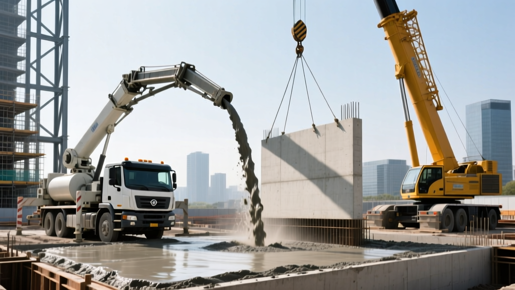 Construction site showing a concrete pump truck pouring a cast-in-place foundation next to a crane lifting a precast concrete wall panel