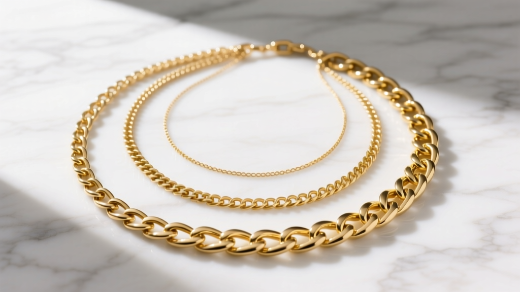 Flat lay of three separate gold chains of varying widths and link styles laid out on white marble to demonstrate necklace layering