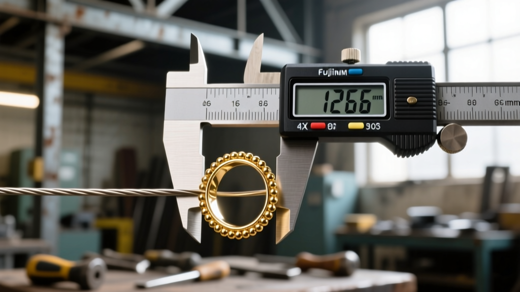 Digital calipers measuring 1.2mm wire thickness of a 16-gauge gold captive bead ring against a blurred workshop background.