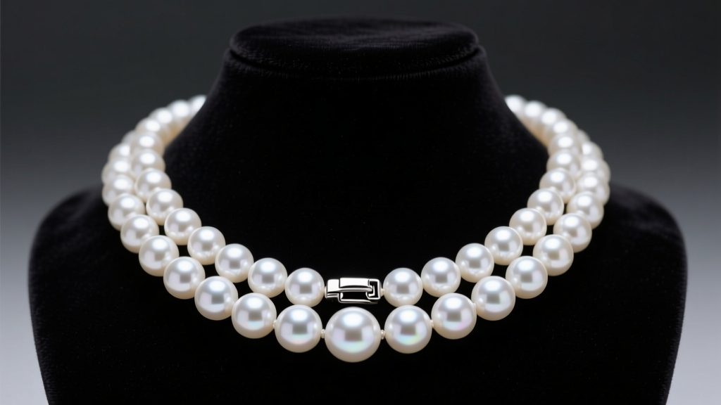 Close-up of a 16 inch white Akoya pearl necklace on a dark velvet bust, highlighting mirror-like luster and a silver clasp.
