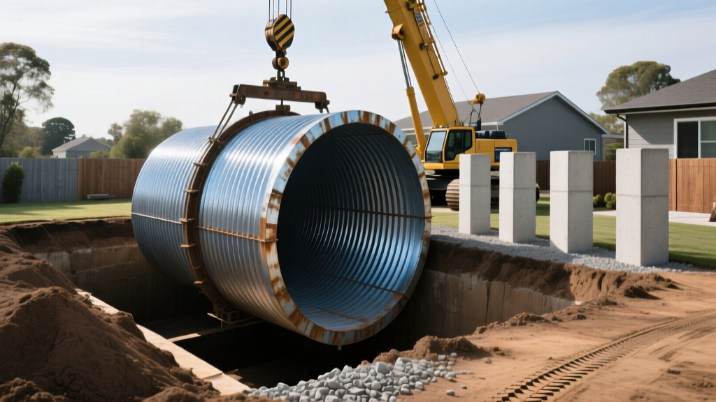 Corrugated steel underground bunker shell being lowered into a deep excavated backyard pit by a crane, with reinforced concrete forms nearby