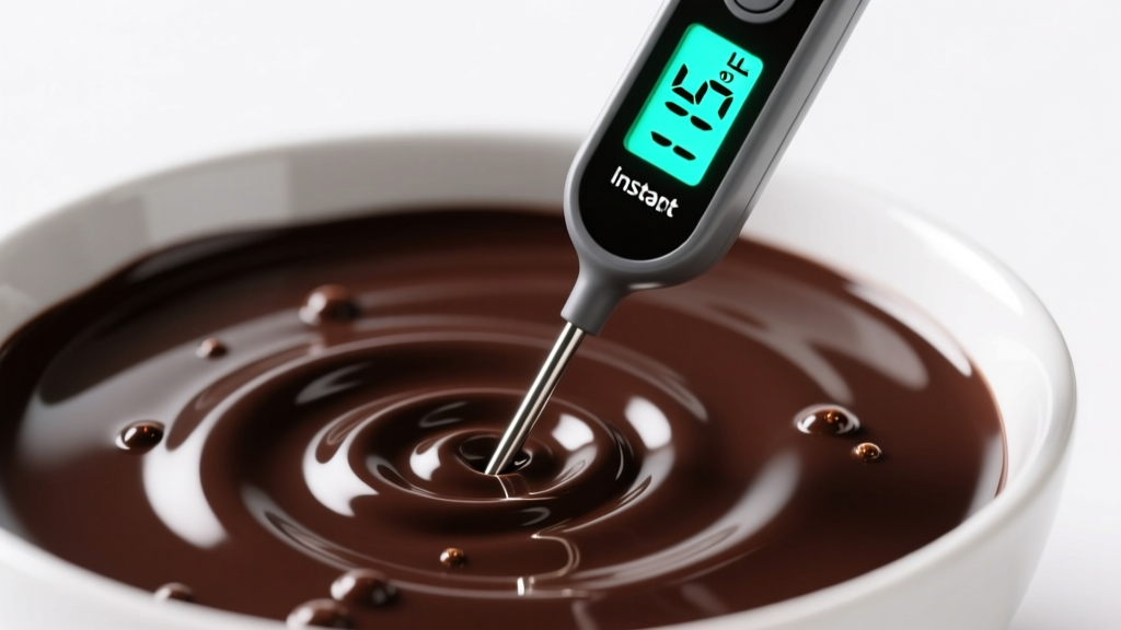 Close-up of a digital instant-read thermometer inserted into a bowl of melted dark chocolate, displaying 115 degrees Fahrenheit on the bright LCD screen