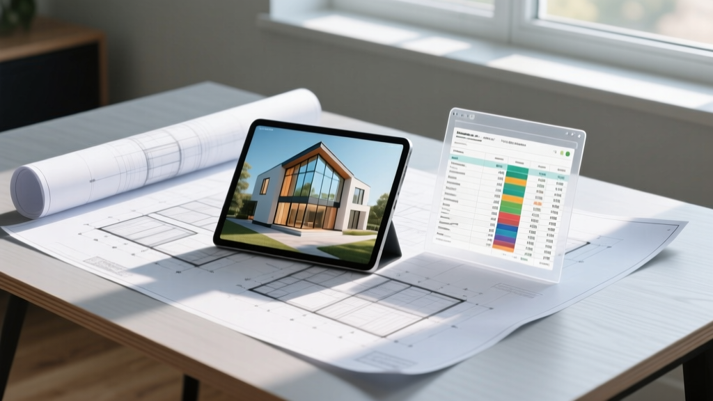 Architectural blueprints spread on a plywood table with a digital tablet displaying a 3D house model and material cost breakdown spreadsheet