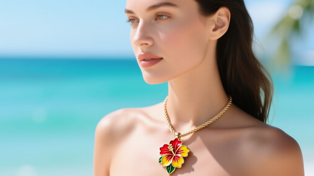 Woman wearing 20mm enamel Hawaiian hibiscus pendant on 18-inch rope chain, photographed against a bright, blurred ocean backdrop.
