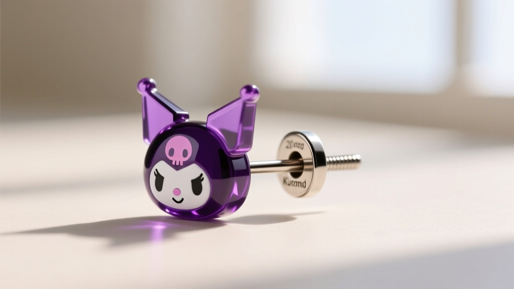 Macro shot of a 20-gauge surgical steel earring post attached to a glossy purple acrylic Kuromi charm, showing the backing.