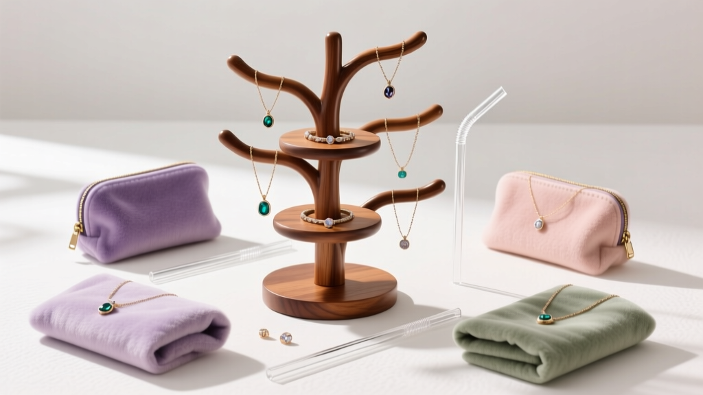 Flat lay of jewelry storage featuring soft flannel pouches, anti-tangle straws, and a multi-tier wooden necklace display tree.