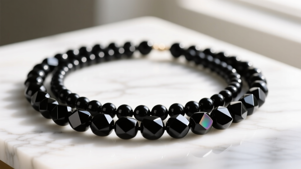 Close-up of a tangled three-strand black onyx bead necklace resting on a white marble surface, soft natural window lighting.