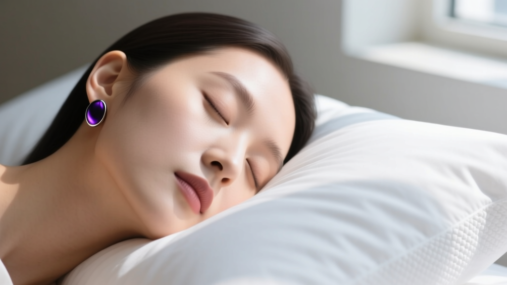 Person sleeping peacefully on a white pillow, wearing small minimalist niobium dormeuse earrings in a dark anodized purple hue.