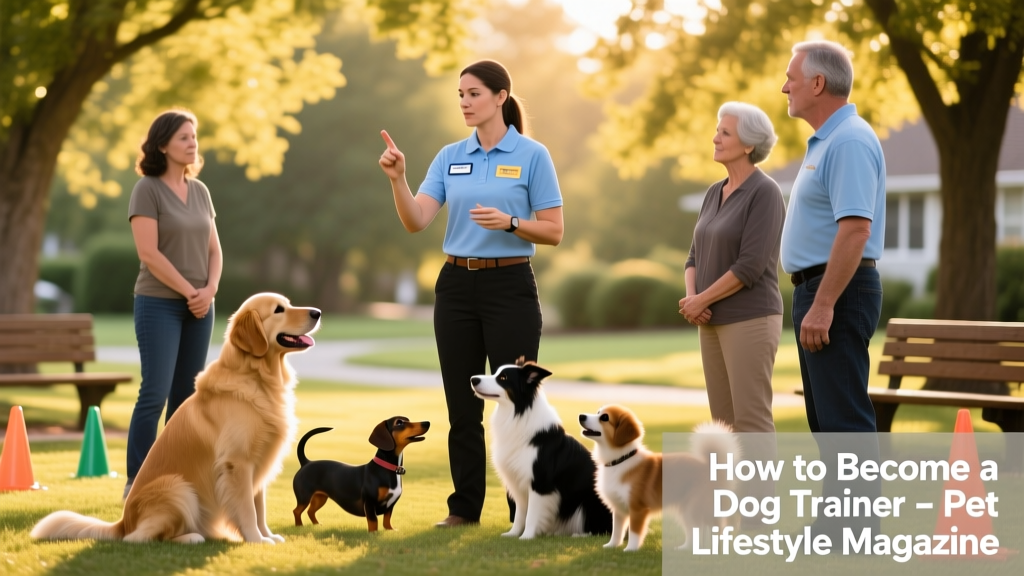 A group dog training session with a certified instructor guiding several owners and their dogs