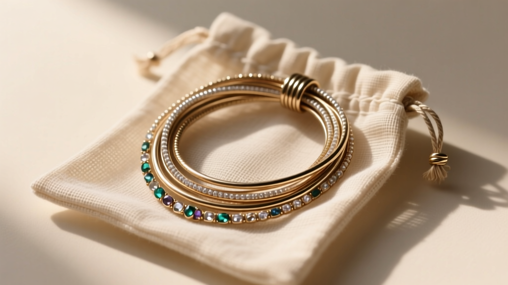 A neatly coiled multi-strand long wrap necklace secured with a twist tie and stored inside a breathable anti-tarnish cotton pouch.