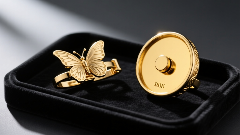 Side profile of standard brass butterfly back next to 18k yellow gold jumbo friction back resting on a dark jeweler