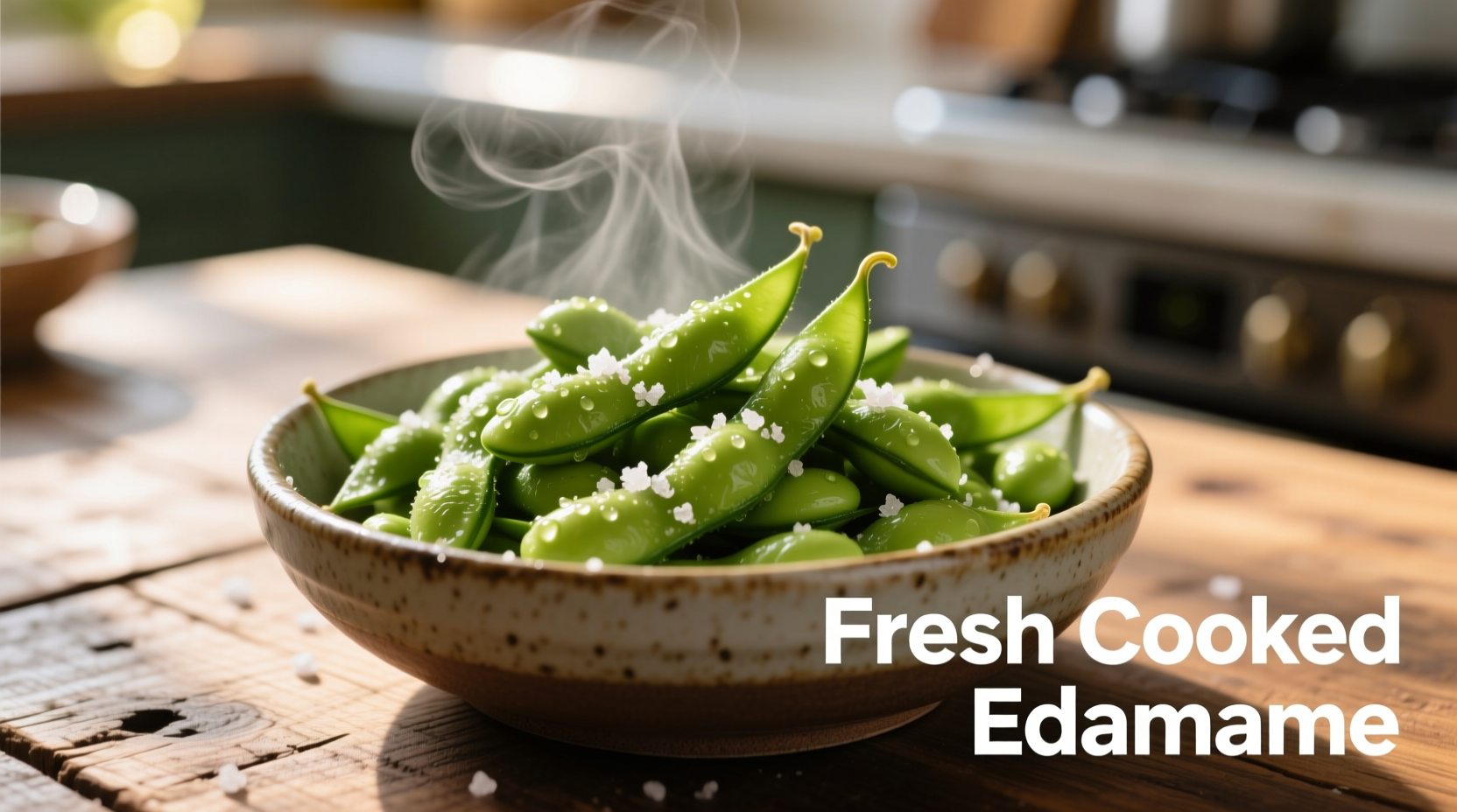 Fresh cooked edamame in bowl with salt