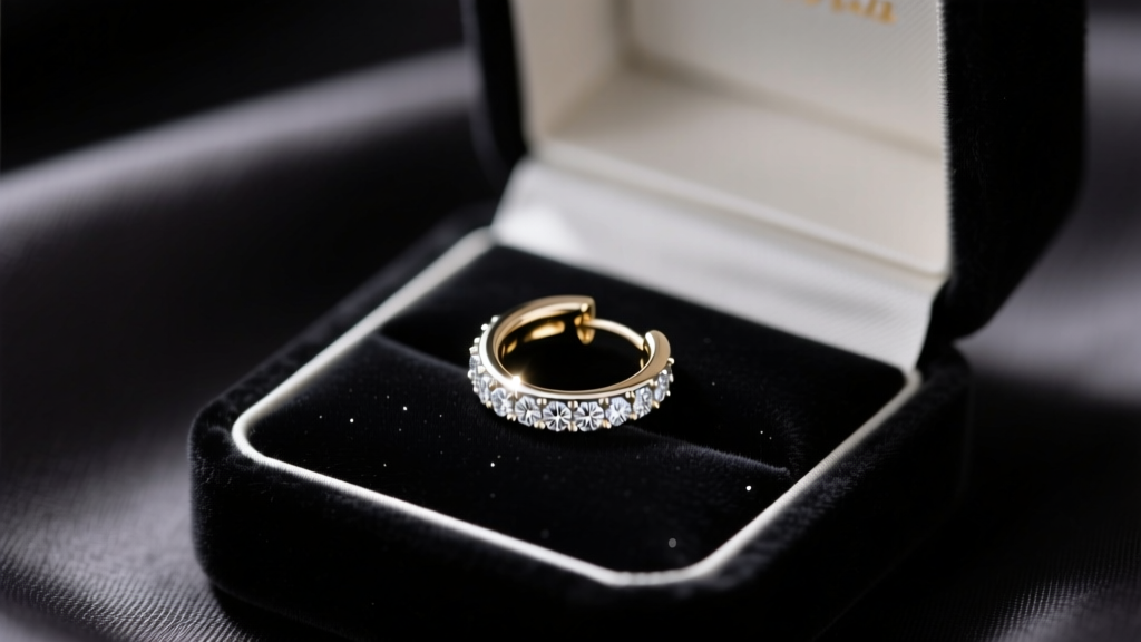 Open velvet box revealing a single 14k white gold diamond huggie earring on dark silk, moody romantic lighting, macro shot