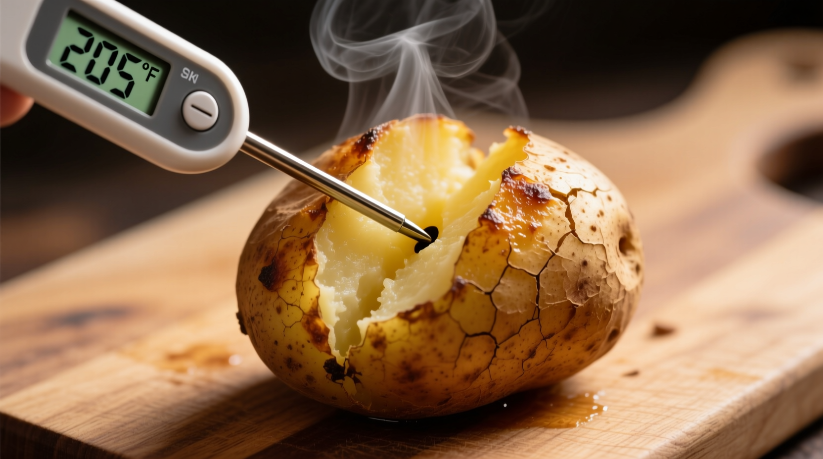 Digital thermometer measuring internal temperature of roasted potato