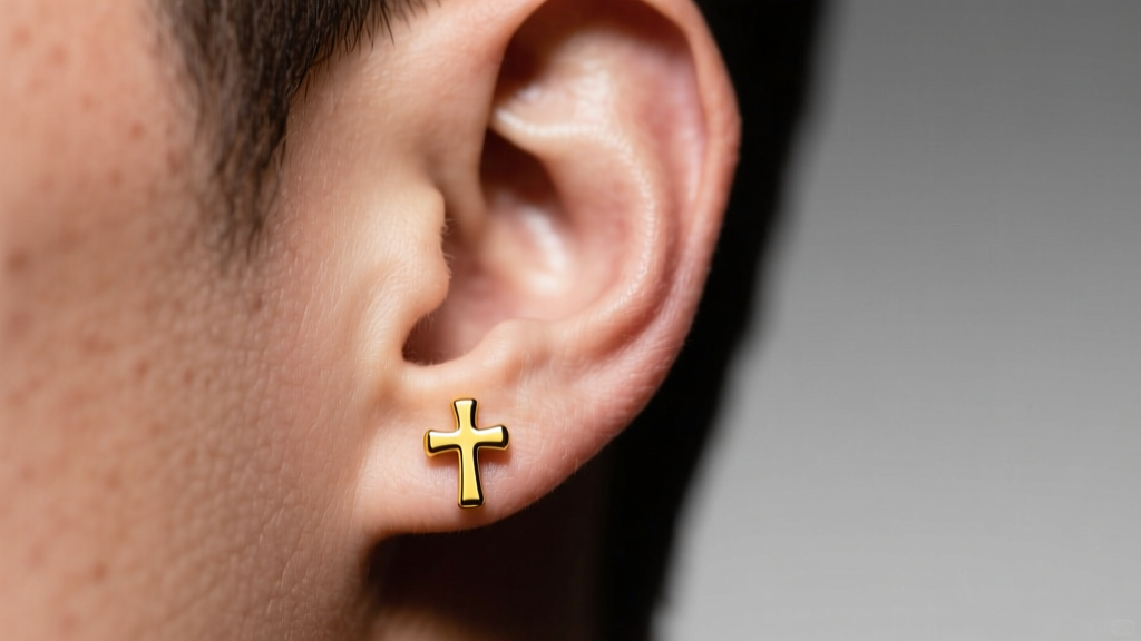 Close-up of a male earlobe wearing a small 14k yellow gold cross stud earring, soft studio lighting highlighting the polished metal.