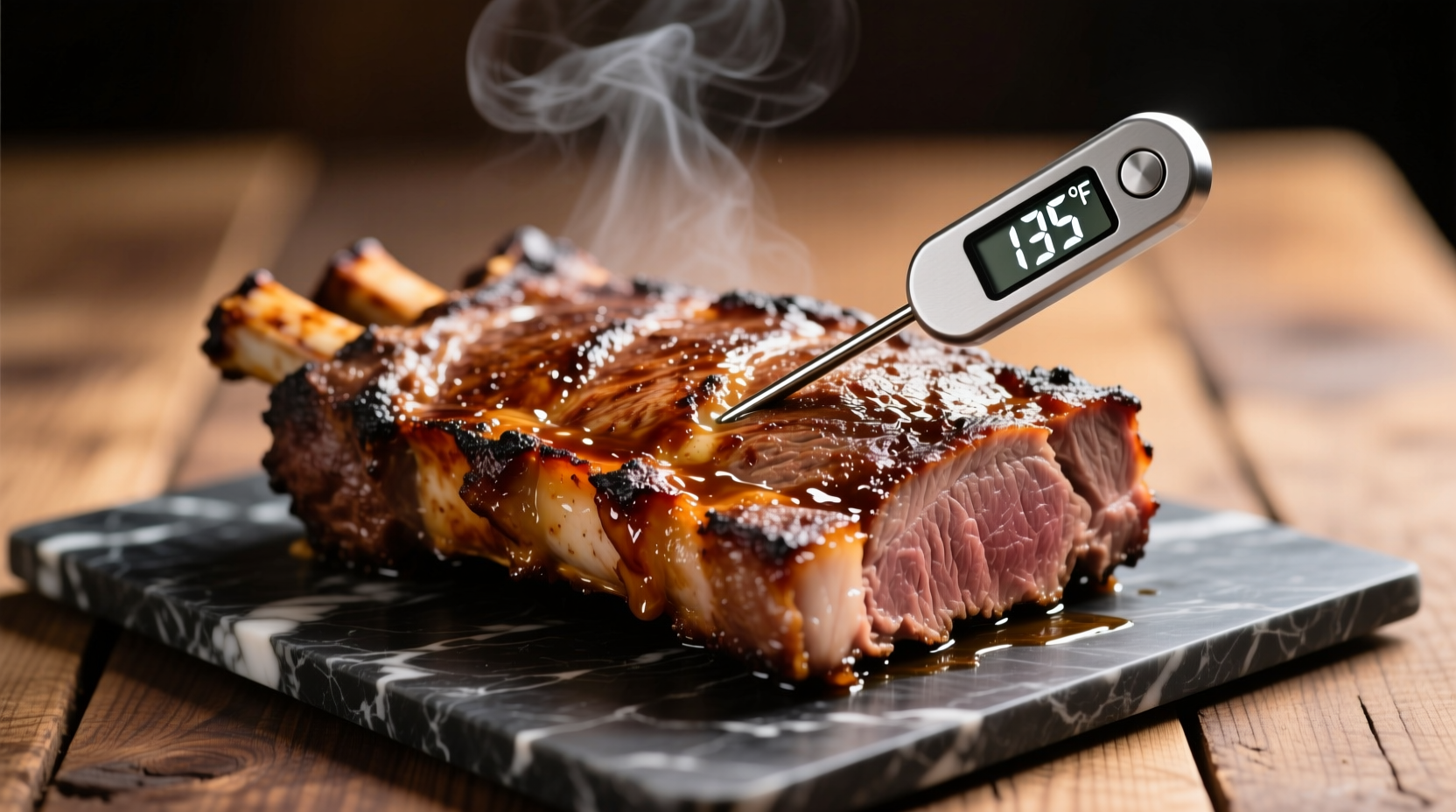 Perfectly roasted prime rib with meat thermometer showing internal temperature