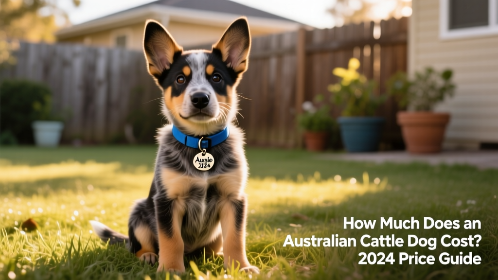 Australian Cattle Dog puppy sitting attentively on grass, wearing a blue collar
