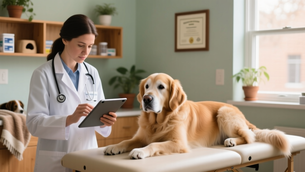 A veterinarian reviewing lab results while a senior dog rests comfortably on the exam table