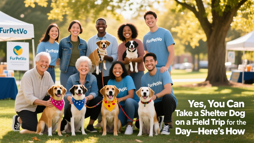 Group of diverse volunteers posing with shelter dogs at a sunny outdoor adoption event hosted by FurPetVo