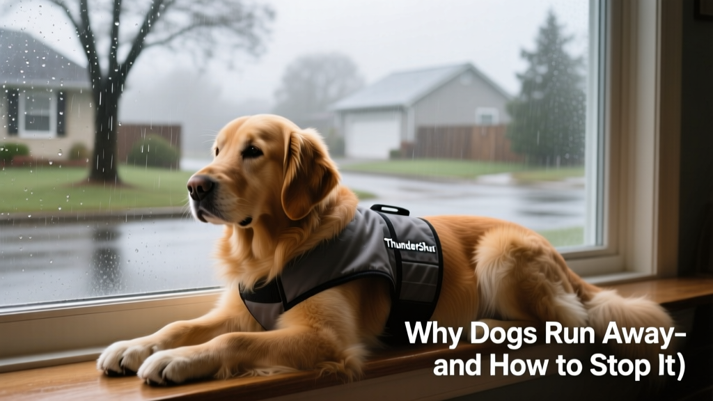 A golden retriever wearing a snug-fitting ThunderShirt, resting calmly beside a window during a gentle rainstorm