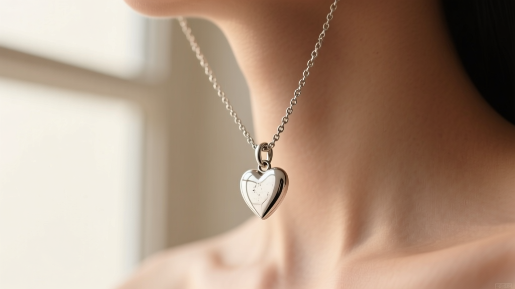 Close-up of a sterling silver necklace with heart pendant flipping upside down on a collarbone, highlighting a worn jump ring bail.