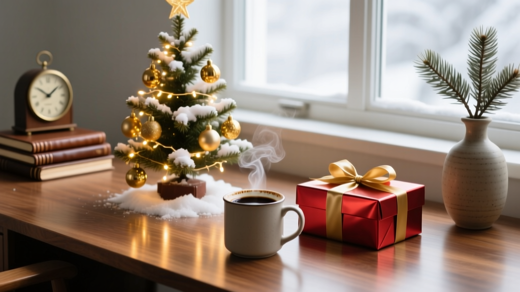 Festive holiday desk setup with a glowing Christmas tree, a wrapped tech gadget box, and a steaming mug of dark roast coffee.