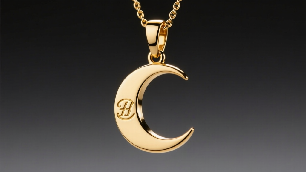 Macro shot of a gold vermeil moon pendant revealing the hallmark stamp on the bail, lit by soft directional studio lighting.