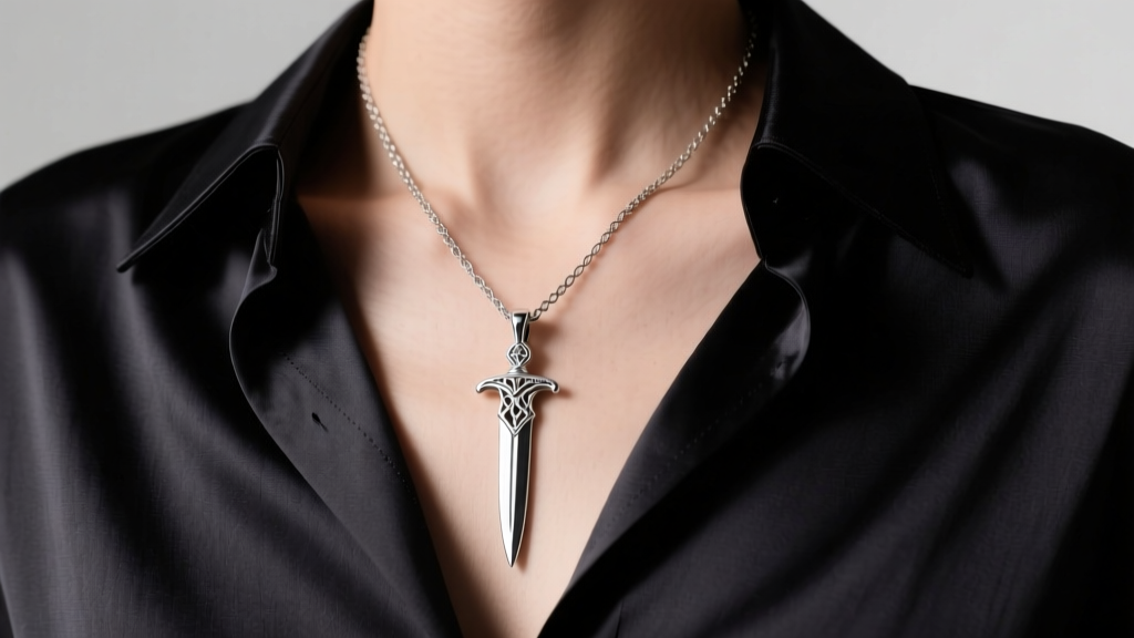 Sterling silver dagger pendant on a dark shirt, showing collarbone placement, chain draping, and soft directional studio lighting.