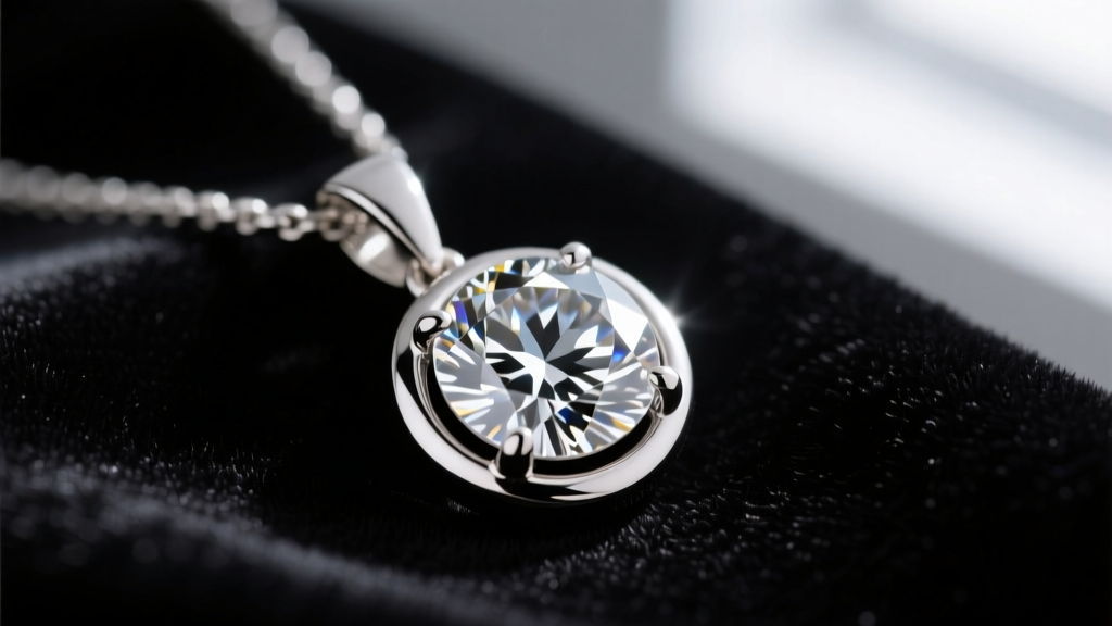 Macro view of a round diamond in a platinum bezel pendant on dark velvet, with soft lighting highlighting the polished metal edge.