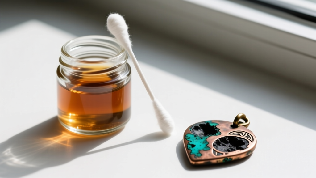 Small glass jar of liver of sulfur solution next to a cotton swab and an oxidized metal amulet, showing dark patina in the crevices.