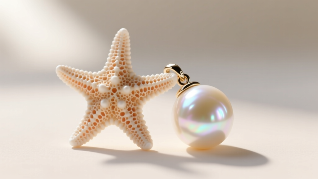 Macro shot of a natural starfish charm beside a lustrous Akoya pearl, highlighting porous texture and organic surface details.