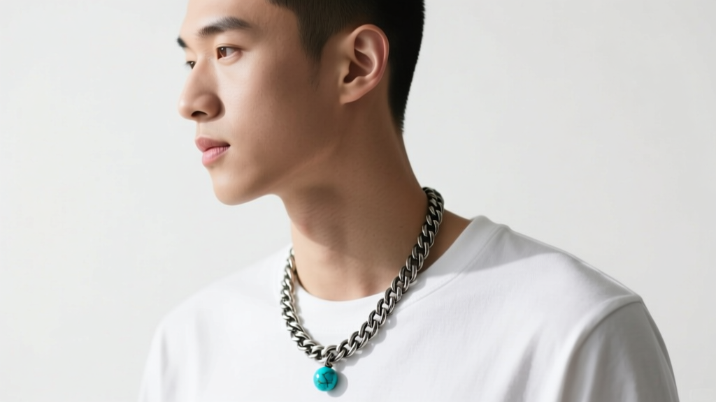 Side profile of man wearing 24-inch oxidized sterling silver box chain with small turquoise bead pendant over plain white t-shirt