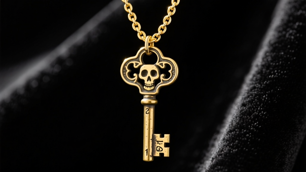 Close-up of an antique brass skeleton key pendant on a delicate 14k yellow gold rolo chain against dark velvet