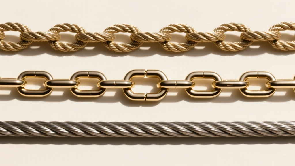 Three horizontal crosses side-by-side comparing a rope chain, box chain, and cable chain to highlight different metal textures.