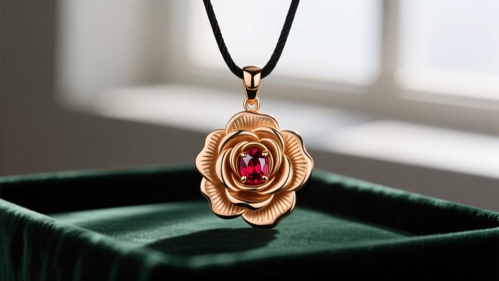 Hand-engraved 18k rose gold rose motif pendant with deep floral relief and a bezel-set ruby center, displayed on dark velvet
