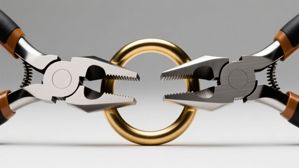 Two pairs of flat-nose pliers correctly twisting a 16-gauge brass jump ring open laterally against a neutral grey background