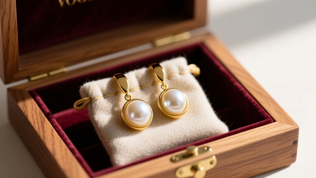 A pair of gold pearl drop earrings stored safely in a tarnish-resistant flannel pouch, placed inside a lined wooden jewelry box.
