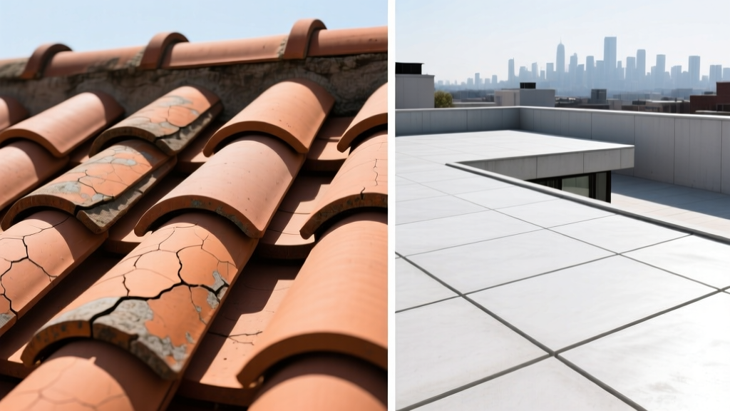 Architectural split-view showing terracotta clay barrel roof tiles on the left and flat-profile concrete roof tiles on the right