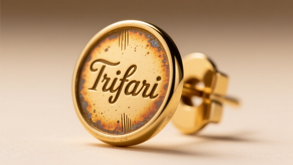 Macro view of a 1970s Trifari clip-on earring showing the micro-stamped hallmark and patina on the gold-plated brass base