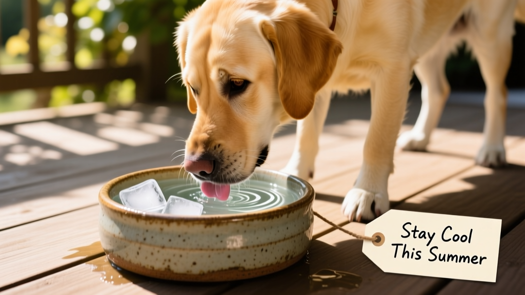 Close-up of a dog lapping cool water from a ceramic bowl with ice cubes floating