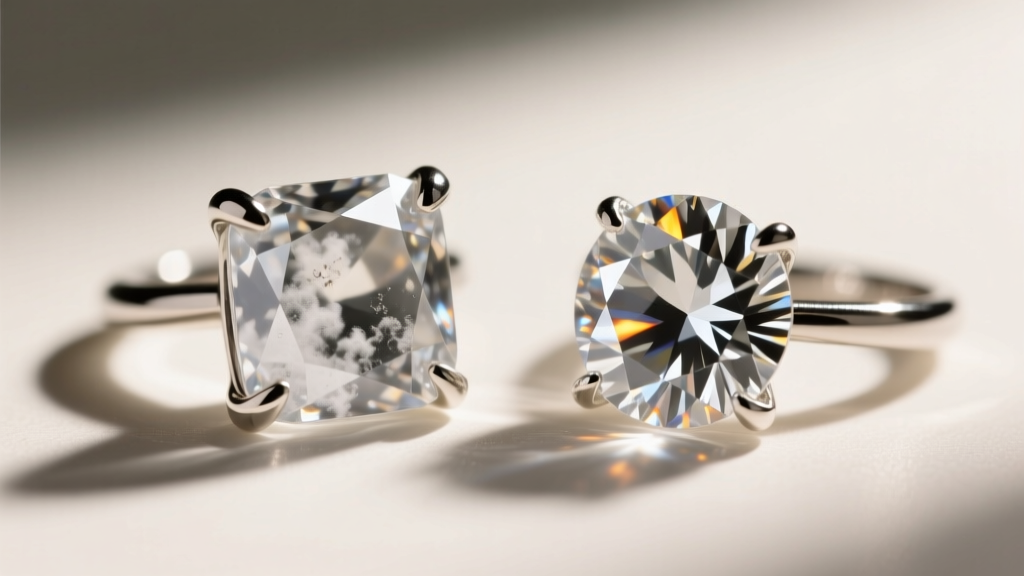 Macro photography comparing a cloudy cubic zirconia stone next to a brilliant lab-grown diamond in a micro-prong mesh setting.
