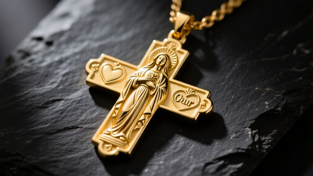 Close-up of a 14k yellow gold scapular medal on dark slate, showing Sacred Heart and Our Lady engravings in soft light.